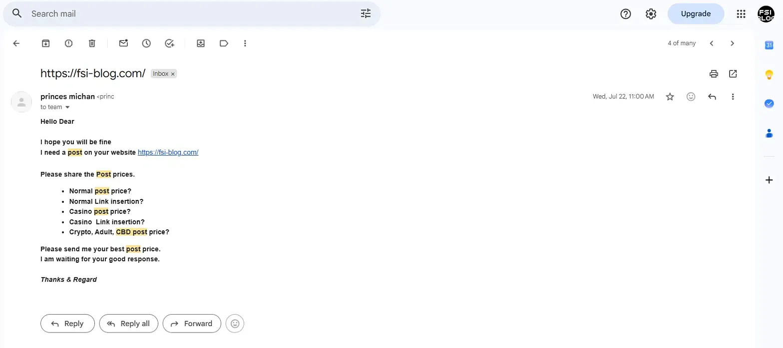 Example of a guest post pitch with an unrelated commercial link dropped into the body copy